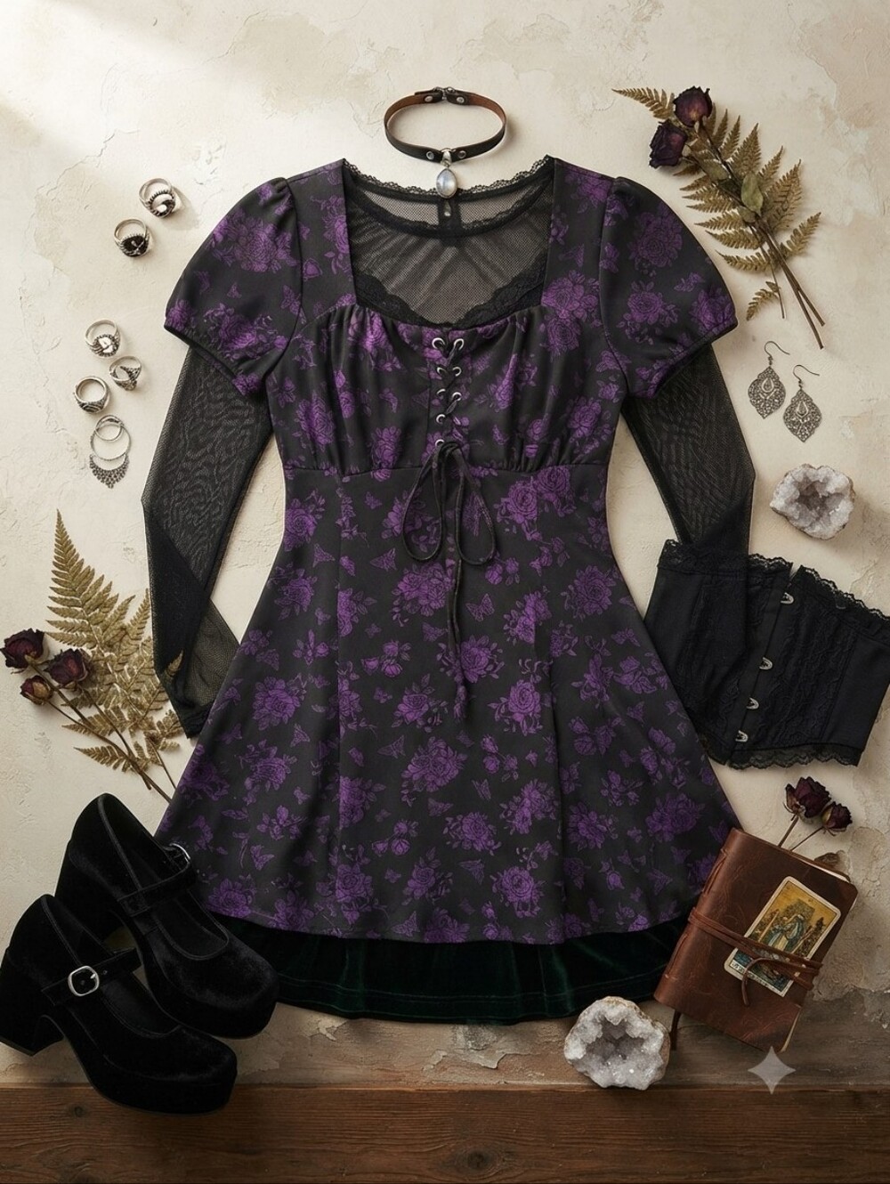 Hot Topic Cosmic Aura Black Purple Floral Whimsigoth Cottagecore Milkmaid Dress